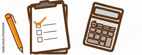 Ilustración vectorial de un portapapeles con lista de verificación, calculadora y bolígrafo naranja sobre fondo blanco.