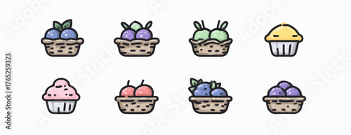 Ilustración vectorial de varios cupcakes y cestas de frutas coloridas, perfectas para diseños de alimentos y postres.
