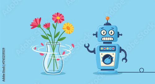 Cartoon Robot Disrupts Flowers With Surprised Expression
