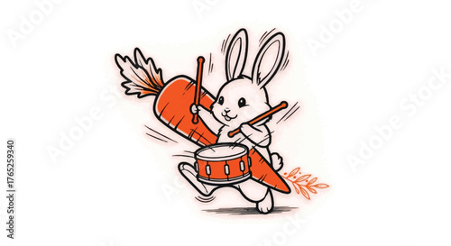 Cartoon Rabbit Drummer Running With Big Orange Carrot Art