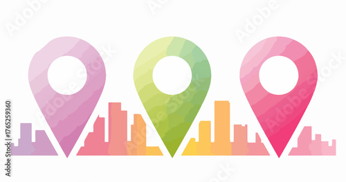 Ilustración vectorial de tres marcadores de mapa coloridos sobre un horizonte urbano vibrante, ideal para conceptos de ubicación y viajes.