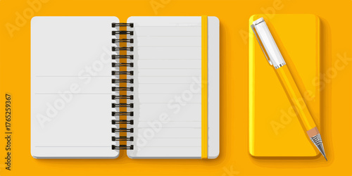 Un cuaderno abierto con páginas en blanco y un bolígrafo amarillo sobre un fondo naranja, ideal para tomar notas.