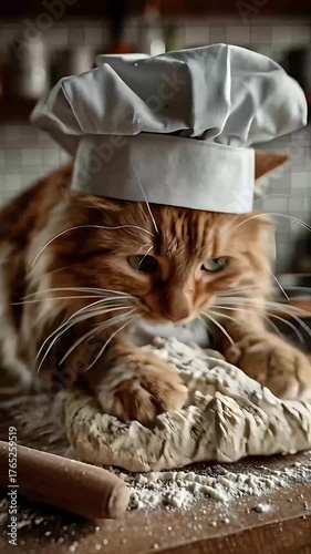 Adorable Cat Chef Kneading Dough in Kitchen – Funny Cooking Concept