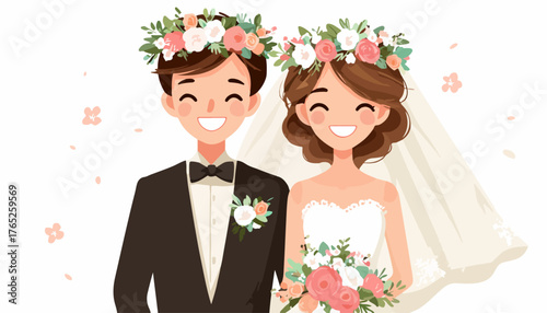 Ilustración vectorial de una pareja feliz el día de su boda, con flores y sonrisas radiantes, celebrando el amor y la unión.