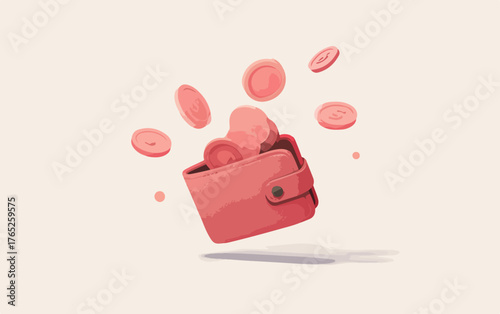 Ilustración vectorial de una billetera rosa con monedas flotando, representando finanzas, ahorro y economía con un diseño moderno y minimalista.