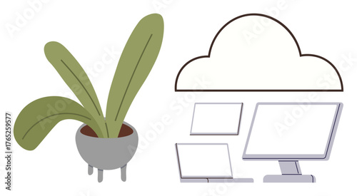 Potted green plant next to cloud outline connecting devices thumbs up desktop, laptop, and tablet. Ideal for technology, sustainability, cloud storage, eco-business, innovation, modern workspaces