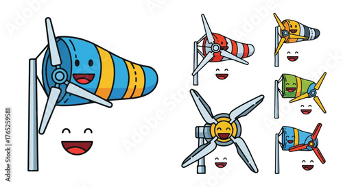 Cheerful Wind Sock Turbine Mascot Set Eco Energy Smile