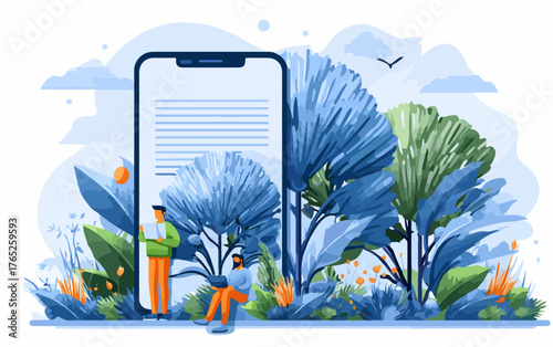 Ilustración vectorial de personas interactuando con dispositivos móviles en un entorno natural y digital, concepto moderno.