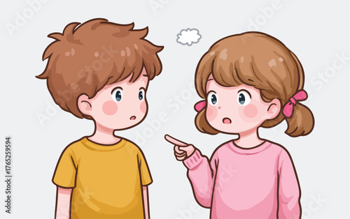 Ilustración vectorial de dos niños conversando y pensando juntos sobre un tema o problema específico en un estilo de dibujos animados.