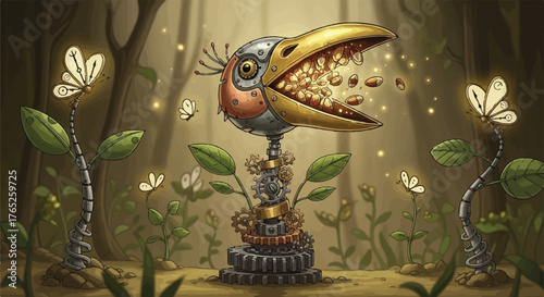 Clockwork Bird Sowing Mechanical Seeds Steampunk Fantasy