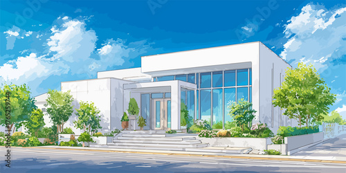 Edificio moderno y minimalista con entrada escalonada y jardines verdes bajo un cielo azul con nubes.