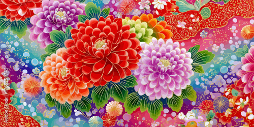 Un vibrante y colorido fondo floral estilo acuarela con exuberantes flores de peonía y hojas verdes.