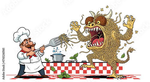 Culinary War Chef Fighting Scary Pasta Beast Vector Art