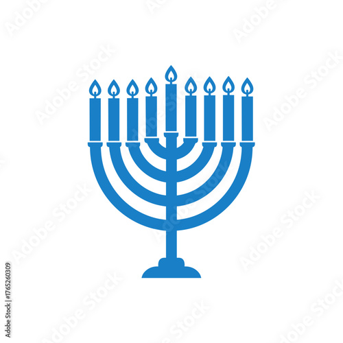 Blue Hanukkah menorah with nine candles on white background  