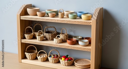 Wallpaper Mural Rustic wooden shelf displaying handmade bowls and miniature woven baskets Torontodigital.ca