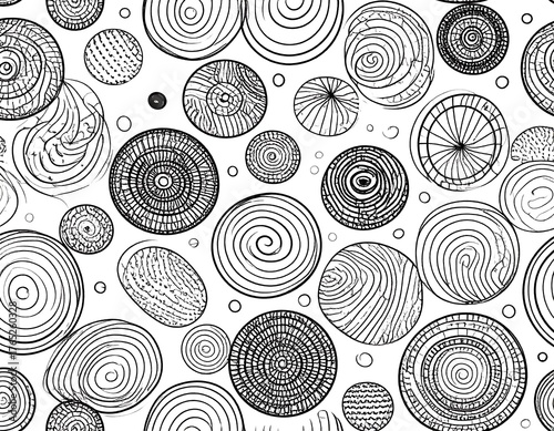 Black and white pattern of various sized and styled circular designs