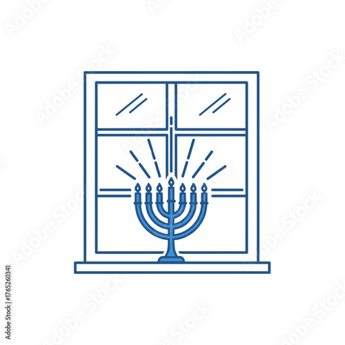 Menorah displayed in window with light rays during holiday celebration  