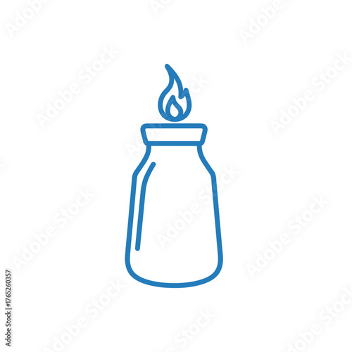 Glass bottle with flame symbolizing fire hazard in blue outline  