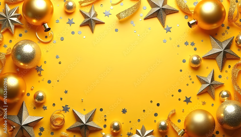 Fototapeta premium Festive golden decorations over yellow background, Christmas concept