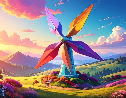 Cartoonish windmill on a flowery hill with pastel landscape
