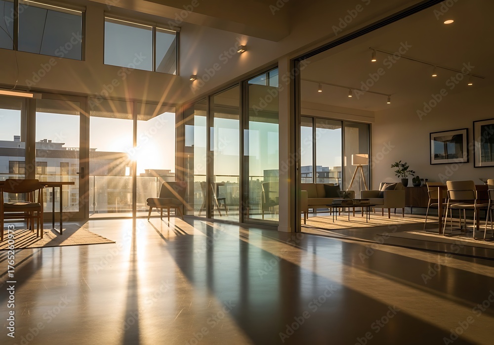Fototapeta premium Sunlit modern apartment with large windows and cityscape backdrop
