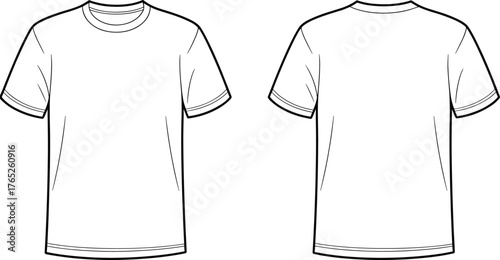 PrintBasic short sleeve t-shirt vector flat sketch, front and back view, plain casual apparel design, fashion technical clothing template illustration