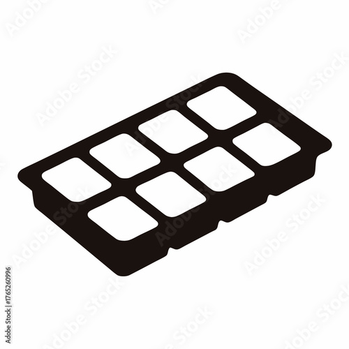 Silhouette image of an empty eight compartment ice cube tray on white