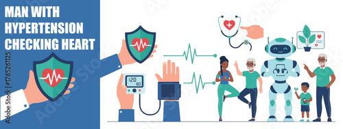 Man with Hypertension Checking Blood Pressure at Home. Heart Health Monitoring, Cardiovascular Care and Medical Self-Check Concept. Vector Illustration.