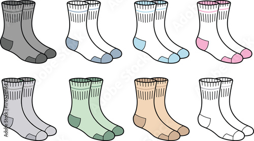 PrintColorful crew socks vector set, unisex cotton footwear design template, fashion flat illustration, apparel accessory collection, casual clothing outline mockup