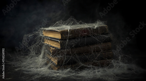 Stack of vintage books covered in cobwebs, dim lighting, dusty atmosphere