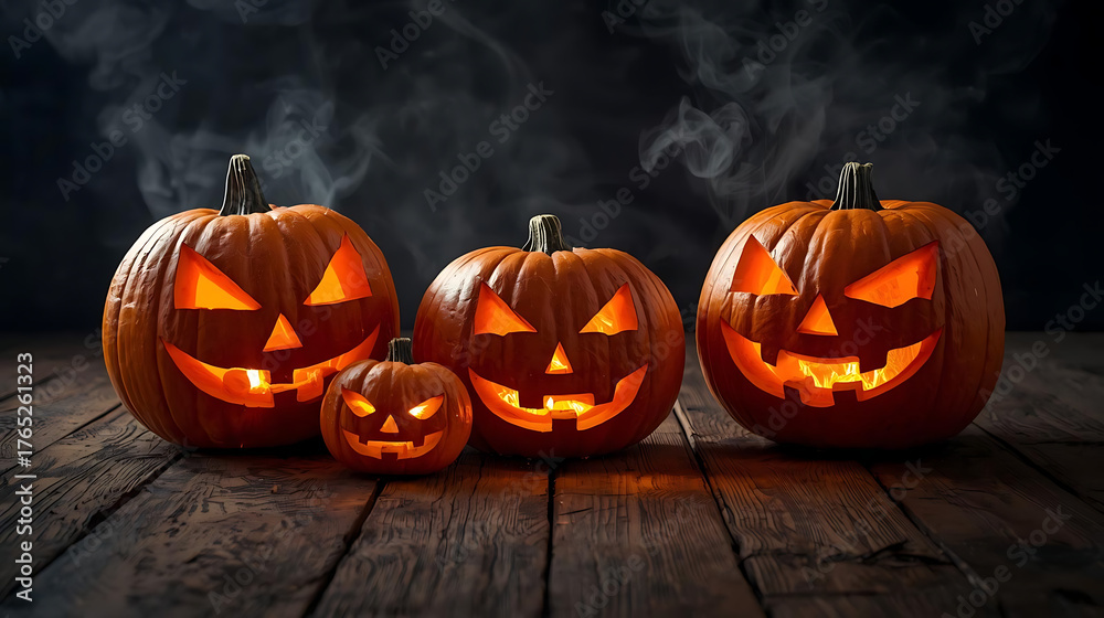 Obraz premium Three carved pumpkins glowing beside melted candles on a wooden floor, dark background with smoke.