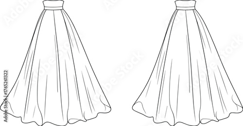 PrintElegant long bridal gown sketch, strapless wedding dress design, ball gown silhouette fashion illustration, minimalist black and white vector drawing for designers, tailors