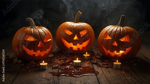 Three carved pumpkins glowing beside melted candles on a wooden floor, dark background with smoke.
