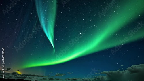 Breathtaking display of vibrant auroras dancing across a starlit night sky, showcasing stunning natural light phenomena over a tranquil landscape.