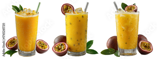 Cold Maracuya (Passion Fruit) Juice in Tall Glass with Straw and Fruit Slice on Rim, Isolated on Transparent Background