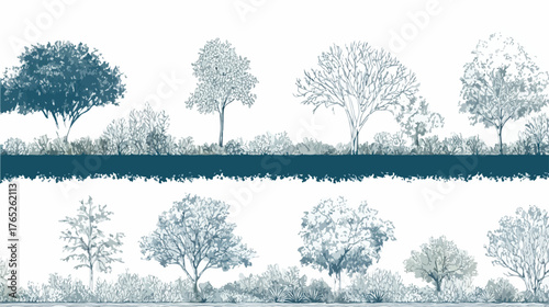 Una collezione artistica di alberi e arbusti stilizzati in design vettoriale orizzontale, ideale per sfondi naturali e progetti grafici contemporanei.