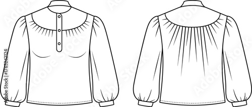 PrintFashion blouse technical sketch, long sleeve women shirt design, front and back view vector illustration, detailed clothing template for designers and tailors