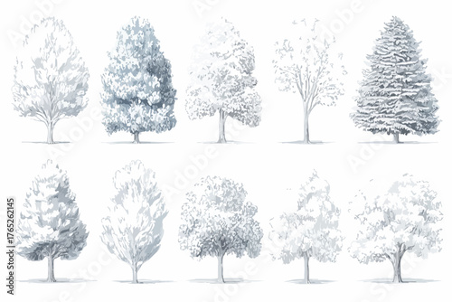 Una collezione elegante di alberi stilizzati in formato vettoriale, perfetta per progetti di design che richiedono elementi naturali e minimalisti.