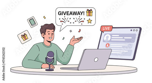 A man broadcasts a live giveaway online, using a laptop, microphone, and social media platform to engage with an audience.