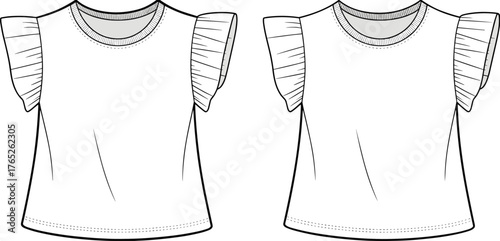 PrintFashion flat sketch of ruffle sleeve blouse, women top design front and back view, vector clothing template, technical drawing illustration