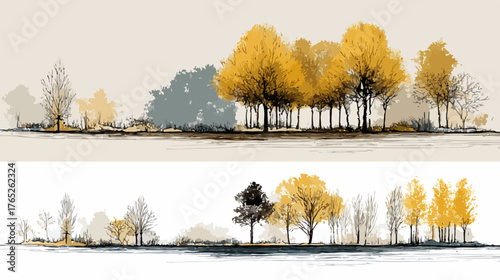 Una suggestiva illustrazione vettoriale di un paesaggio autunnale con alberi dalle foglie dorate, perfetta per sfondi decorativi e design grafico.
