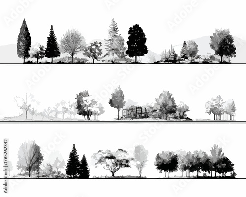Illustrazione vettoriale di un assortimento diversificato di alberi in siluetta, essenziale per la creazione di sfondi naturali e progetti grafici.