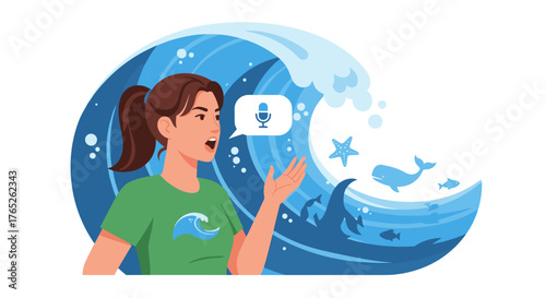 A woman speaks about the ocean, with a wave, whale, starfish, and microphone icon, promoting marine conservation awareness and education.