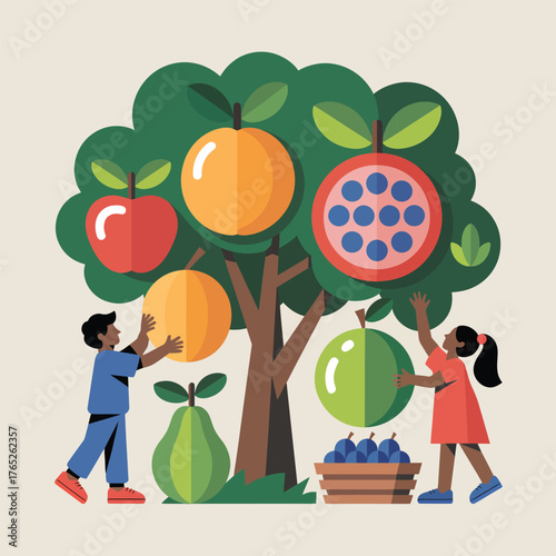 Children harvesting fruit from a stylized tree on a plain background orchard