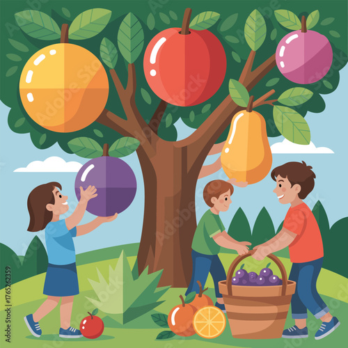 Children gathering colorful fruit from a stylized tree harvest