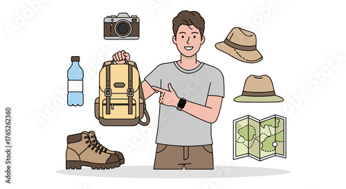 A happy man showing travel essentials, including a backpack, camera, hat, water bottle, map, and hiking boots, ready for an adventure.
