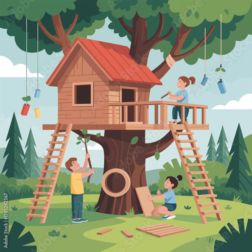 Children decorating a treehouse with hanging plants and wooden planks Keywords: children