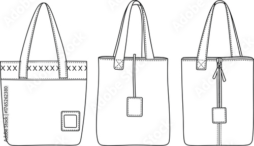 PrintFashion flat sketch of tote bag design, vector handbag template with stitching details, front and back view illustration for designers