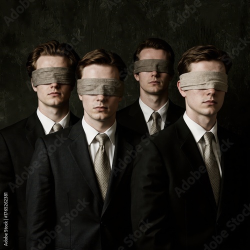 five men in suits with blindfolds over their eyes