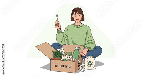 A young woman opens an eco-friendly lifestyle box featuring sustainable products like a bamboo toothbrush and reusable items.